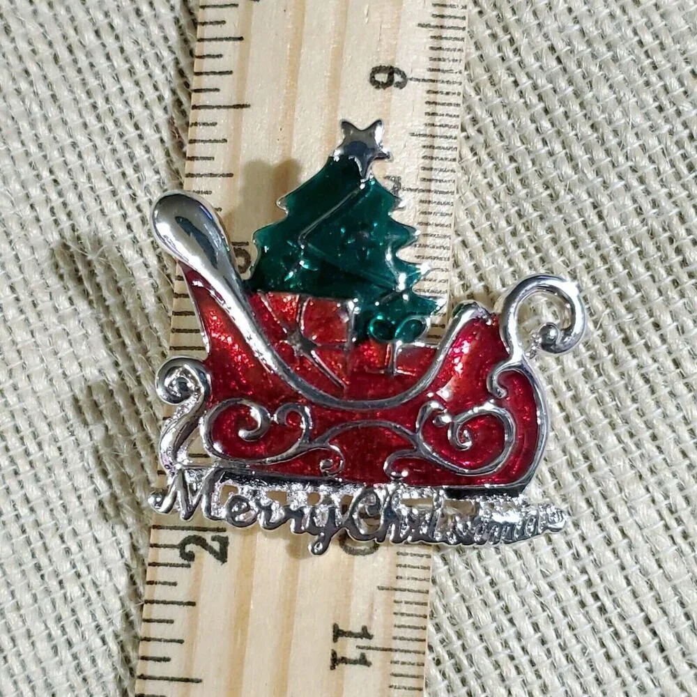 Christmas Santa Sleigh Tree Red Green Silver Enamel Sweater Pin Brooch
